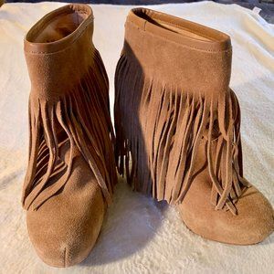 wedge, ankle boots, fringe, suede